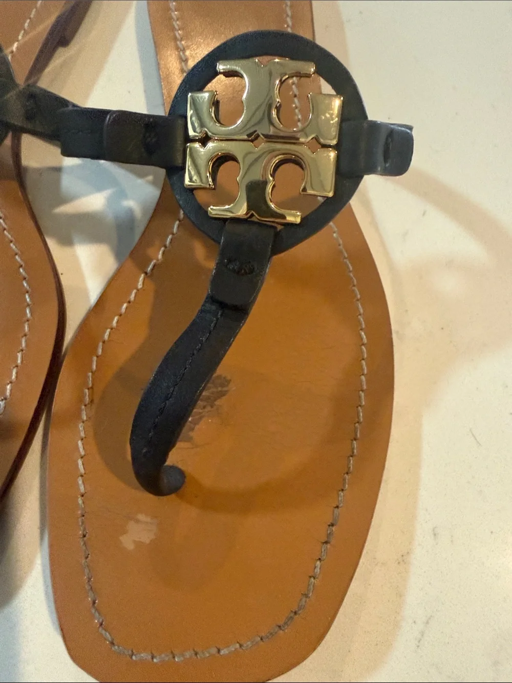 Tory Burch Black Leather Thong Sandals with Gold Logo